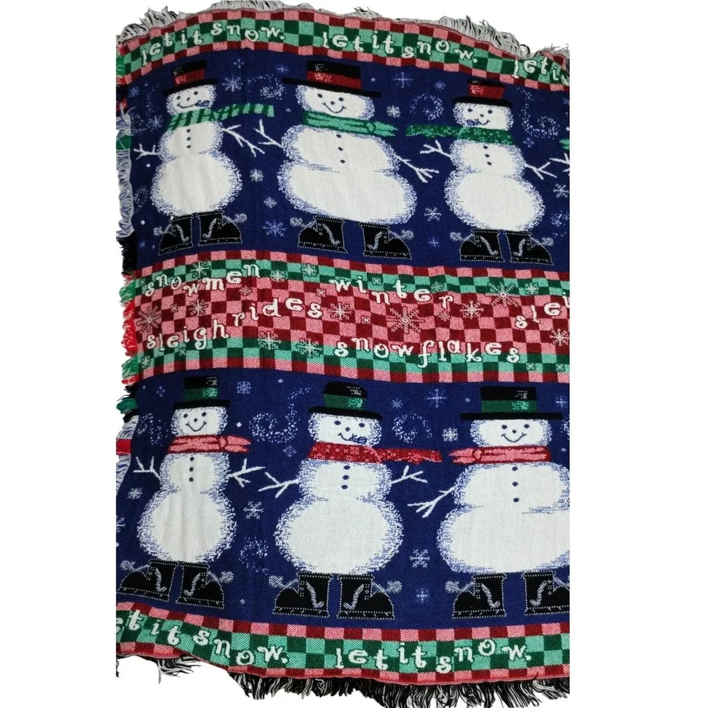 Let It Snow Snowman‎ Throw Blanket Winter Plaid Fringe 48x50 Christmas Décor